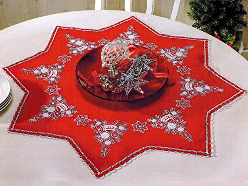 KAMACA Luxus-Stickpackung STERN DER WEIHNACHT in ROT in Sternen - Form mit SPITZE Stickdecke 75x75 cm Stielstich Spannstich Plattstich vorgezeichnet Baumwolle Stickset mit Stickvorlage Weihnachten