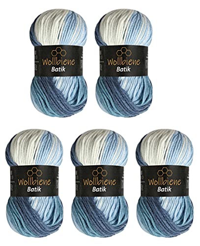 5 x 100g Wollbiene Batik 500 Gramm Wolle mit Farbverlauf mehrfarbig Multicolor Strickwolle Häkelwolle (5500 blau weiß)