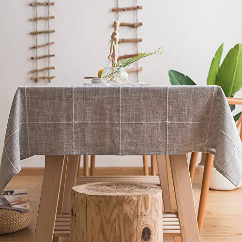 Plenmor Baumwoll-Leinen Tischdecke für Quadrat Tische solide Gitter-Stickerei Tischbedeckung für Küche Esstisch Dekoration (135x135 cm, Grau)