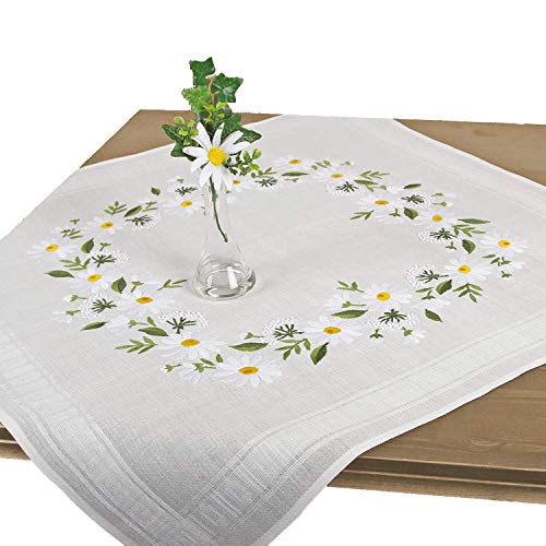 Stickpackung MARGERITENBLÜTEN, Tischdecken Set vorgezeichnet zum Sticken, Blumen Stickset mit Plattstich und Stielstich zum Selbersticken