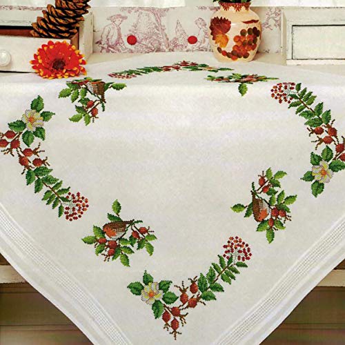 KAMACA Stickpackung Tischdecke ROTKEHLCHEN IM GARTEN Kreuzstich vorgezeichnet aus Baumwolle Stickset mit Stickvorlage (Mitteldecke 80x80 cm)