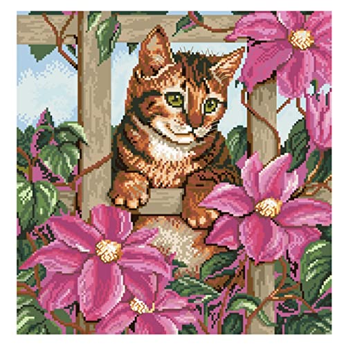 KAROSS DIY Stickpackung Kreuzstich Blumenkatze 44x45cm Kreuzstich-Stickerei DIY Cross Stitch Set Erwachsene Einschließlich mehrsträngiger Baumwollfaden(Ohne Rahmen)