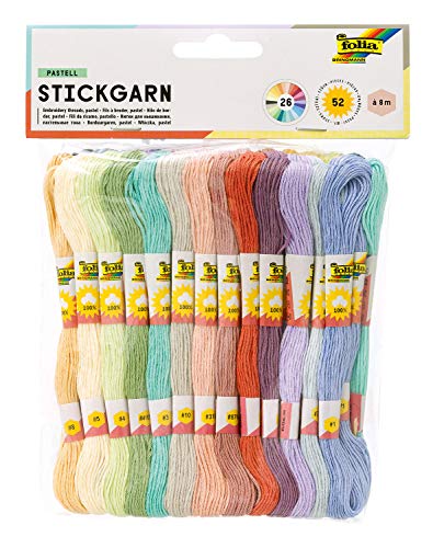 folia 23993 - Stickgarn Pastell, 100 % Baumwolle, 52 Docken à 8 m in 26 Farben sortiert, zum Sticken, Knüpfen und Basteln