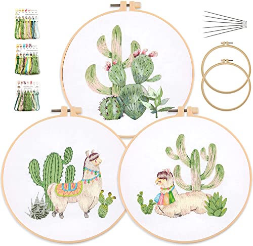 Mingham Stickset für Anfänger, Kreuzstich-Kits, zum Selbermachen, Stickset mit 3 Stickmustern mit Tierpflanzen, Alpaka-Kaktus