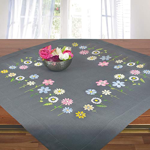 Ernst Schäfer Stickset Blumen, Tischdecken-Set skizziert zum Sticken, Stickset mit Plattstich und Stielstich zum Sticken