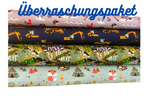 stoffemondundsterne Stoffpaket 'Überraschungspaket gemischt, Jungs', Nähset mit 1,5m Jersey und 1,5m passendem Bündchen, Nähpaket für Kinder
