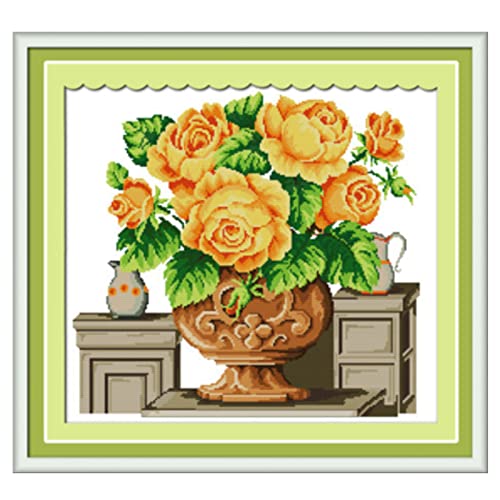 KAROSS Stickpackung Kreuzstich Stickerei Farbe Rose 61x56cm DIY Handarbeit Stickpackung Set Einschließlich mehrsträngiger Baumwollfaden(Ohne Rahmen)