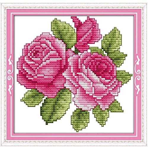 Kreuzstich Stickpackungen Vorgedruckt Rote Rose 21x21cm Stickvorlagen Stickbilder Stickbild Set für Erwachsene Anfänger Cross Stitch Kit(Ohne Rahmen)