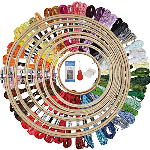 HAUSPROFI Stickerei Set Stickerei Starter kit Stickerei Kreuzstich Set Kreuzstich Tool Kit Einschließlich 50 Farbfäden und 12 Nadel, 7 Bambus Stickrahmen 4-12 Zoll