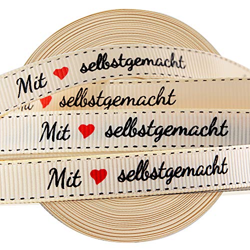 VINFUTUR 1 Rolle 45m×1cm Geschenkband Mit Liebe Selbstgemacht Dekoband Vintage Stoffbandrolle für Hochzeit Geburtstag Party Geschenkverpackung DIY Handwerk Basteln Bänder Nähen Handmade Label