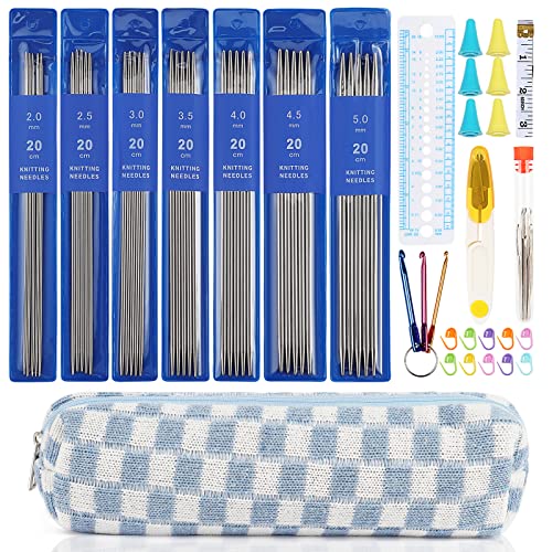 Aeelike Stricknadeln Set mit Strickzubehör und Tasche, 2mm - 5mm Edelstahl Doppelspitz Stricknadeln 20 cm, 35 Stück Stricknadeln für Socken, Metall Nadelspiel Set für Anfänger, Gerade Stricknadel Set