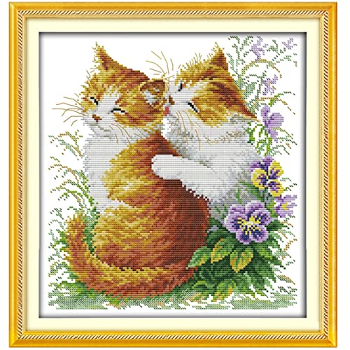 Kreuzstich Stickpackungen Vorgedruckt Süße Katze 42x44cm Stickvorlagen Stickbilder Stickbild Set für Erwachsene Anfänger Cross Stitch Kit(Ohne Rahmen)