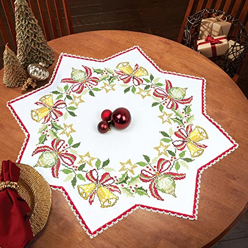 Duftin Stickpackung Kreuzstich vorgezeichnet - Mitteldecke Sternenform mit Spitze 75x75 cm WEIHNACHTSGLOCKEN - DIY Set zum Sticken Stickerei Set MIT Stickvorlage & Sticknadel und Stickgarn
